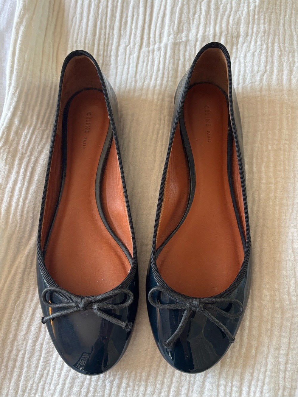 Celine Black Patent Leather Ballet Flats with Bow Trim